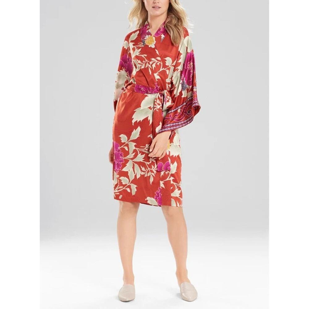 Natori Auburn Floral Robe Satin Red Orange Print Pockets Tie Waist Kimono Size S - Picture 2 of 8